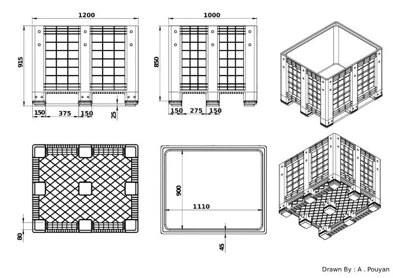 Dimensioned engineering drawing of the two-runner 48×40 rigid bulk container: two elevations, a base plan, an interior plan and two isometric views, marked in millimetres