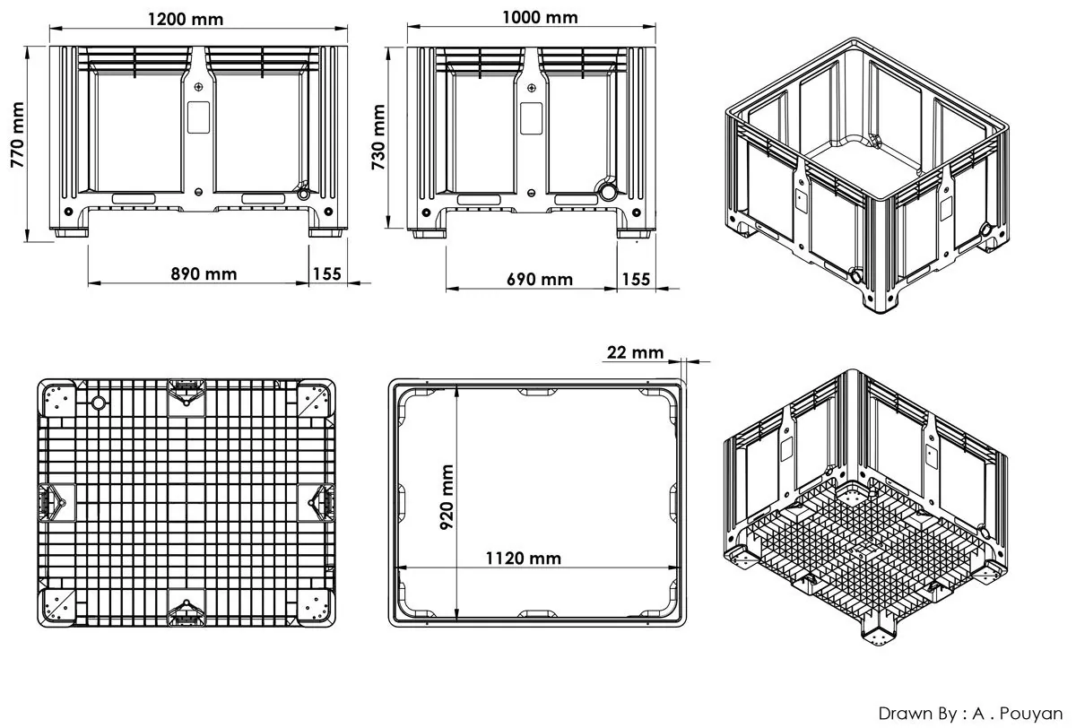 Dimensioned engineering drawing of the four-leg 30 in bulk container: two elevations, a base plan, an interior plan and two isometric views, marked in millimetres