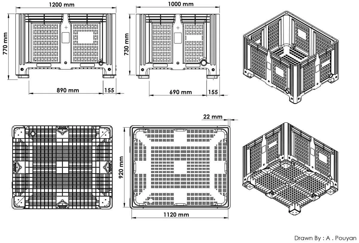 Dimensioned engineering drawing of the four-leg perforated 30 in bulk container: two elevations, a base plan, an interior plan and two isometric views, marked in millimetres