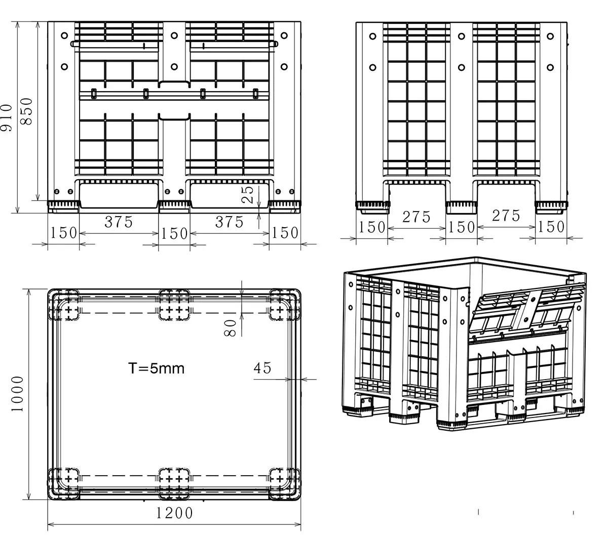 Dimensioned engineering drawing of the runner-based 48×40 rigid bulk container with a drop door: two elevations, a plan and an isometric view, marked in millimetres