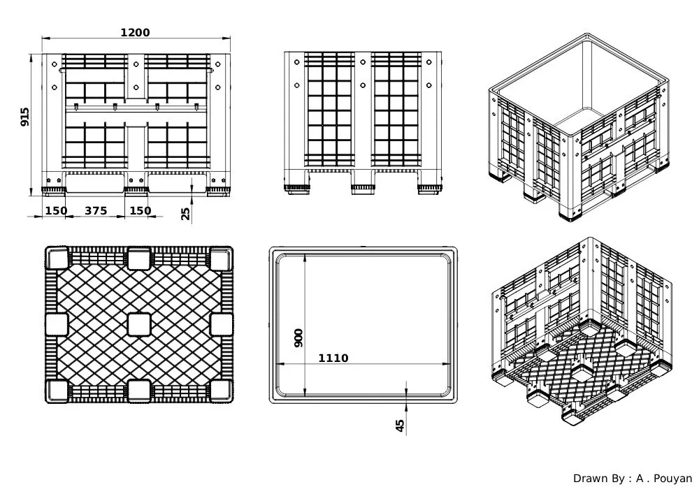 Dimensioned engineering drawing of the drop-door 48×40 rigid bulk container: two elevations, a base plan, an interior plan and two isometric views, marked in millimetres