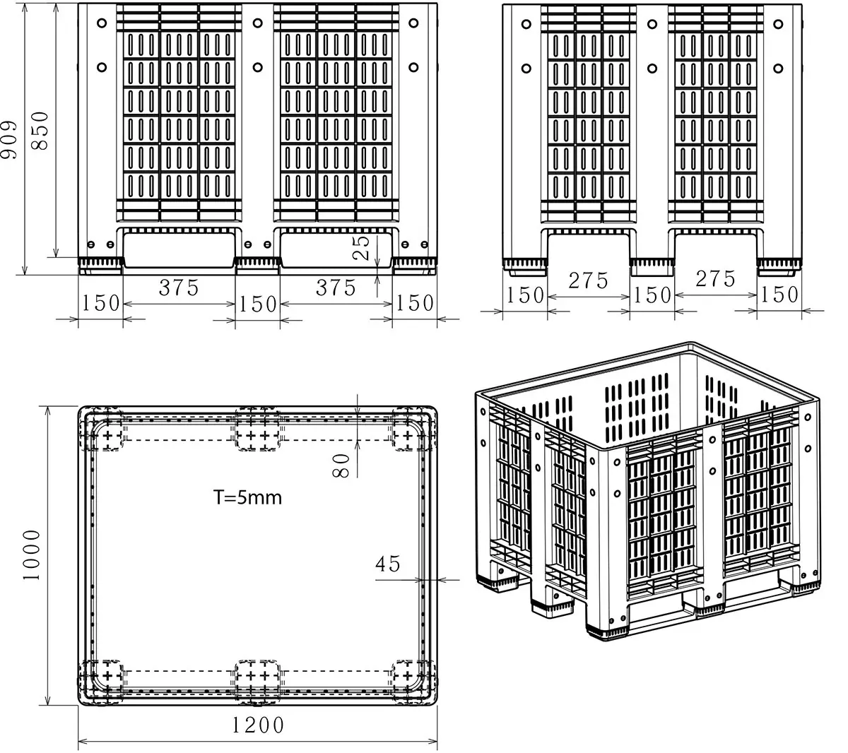 Dimensioned engineering drawing of the perforated 48×40 rigid bulk container: two elevations, a plan and an isometric view, marked in millimetres