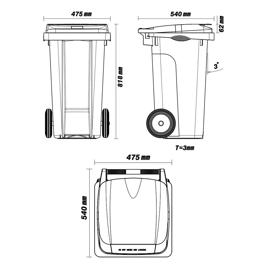 Dimensioned engineering drawing of the 100 litre wheelie bin: front and side elevations and a plan view, marked in millimetres
