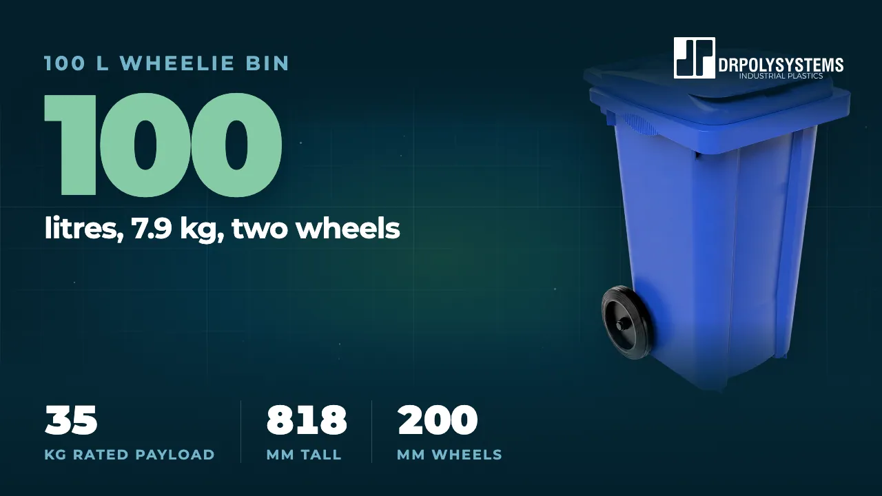 Cover frame of the 100 L Wheelie Bin film: a blue two-wheeled plastic wheelie bin with a hinged lid and black wheels, with the figure 100 litres, 7.9 kg, two wheels