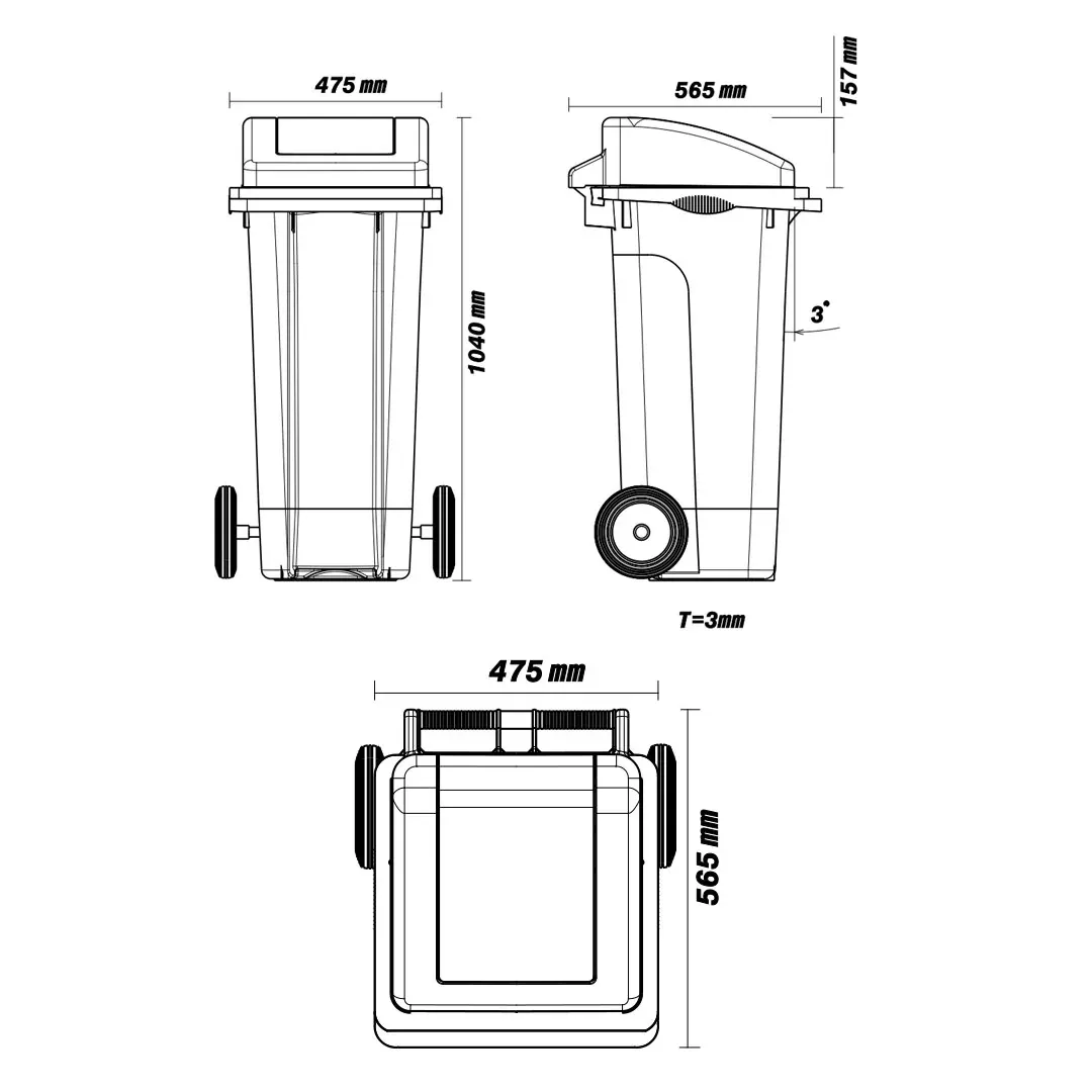 Dimensioned engineering drawing of the 120 litre wheelie bin: front and side elevations and a plan view, marked in millimetres