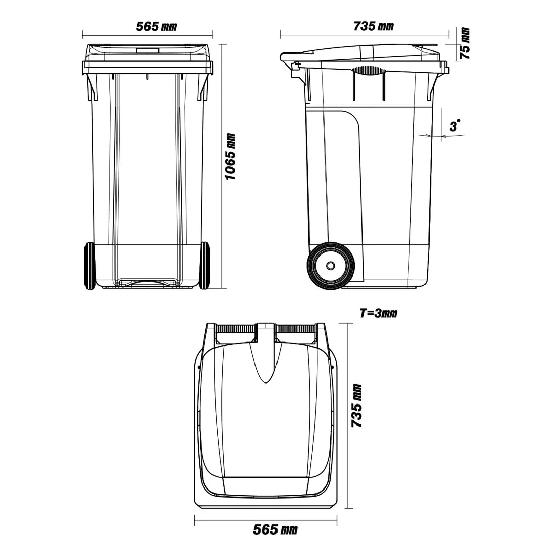 Dimensioned engineering drawing of the 240 litre wheelie bin: front and side elevations and a plan view, marked in millimetres