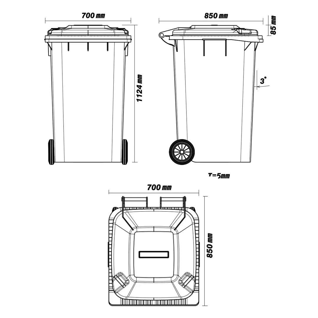 Dimensioned engineering drawing of the 360 litre wheelie bin: front and side elevations and a plan view, marked in millimetres